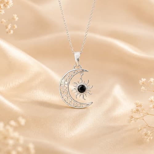 Collar Plata 925 Conjunto Dije Sol Y Luna Con Cadena Mujer Negro 40 Cm