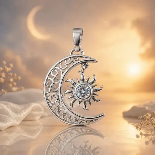Dije En Plata 925 Sol Y Luna Con Circonia Packaging Regalo Plata 925