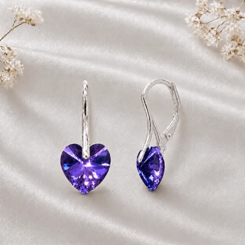 Aros Plata 925 Cristal Swarovski Corazón Mujer Con Brisura Heliotrope