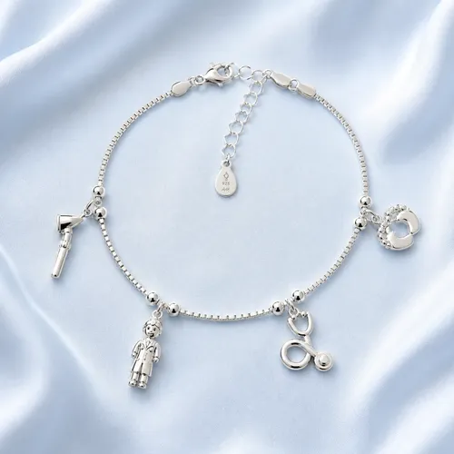 Pulsera Plata 925 Con Dijes Pediatra Profesión Médica Regalo Plata 19 Cm
