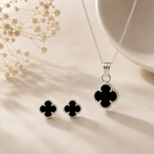 Collar Dije Y Aros Trébol Plata 925 Onix Con Cadena Mujer Onix 40 Cm