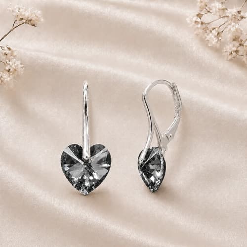 Aros Plata 925 Cristal Swarovski Corazón Mujer Con Brisura Gris Humo