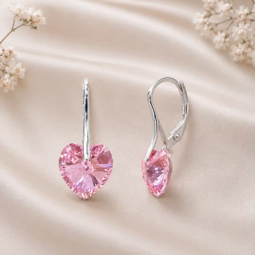 Aros Plata 925 Cristal Swarovski Corazón Mujer Con Brisura Ligth Rosé