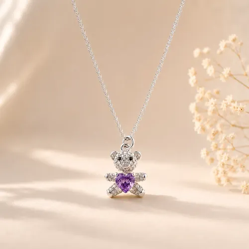 Collar Con Dije Osito Corazón Plata 925 Regalo Mamá Nena Violeta