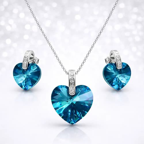 Cadena Plata 925 Con Dije Y Aros Cristal Sw Original Azul X 40 Cm