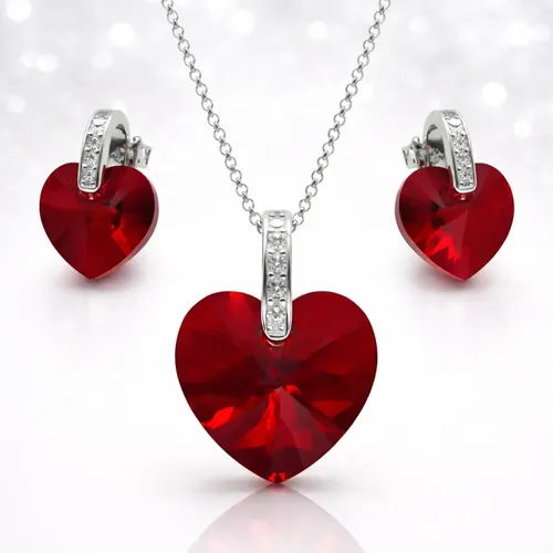 Collar Plata 925 Aros Y Dije Corazón Swarovski Regalo Mujer Rojo X 45 Cm