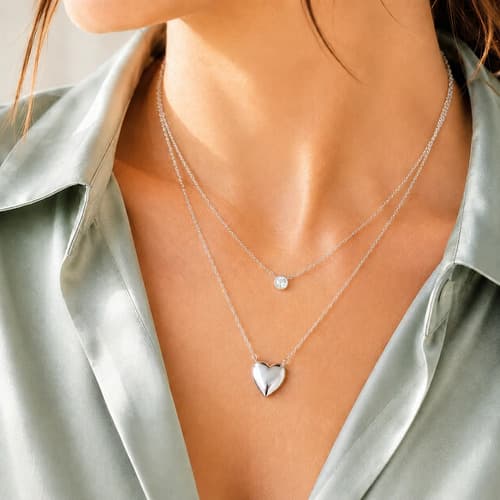 Cadena Doble Plata 925 Dije Corazón Y Cubic Regalo Mujer Plata
