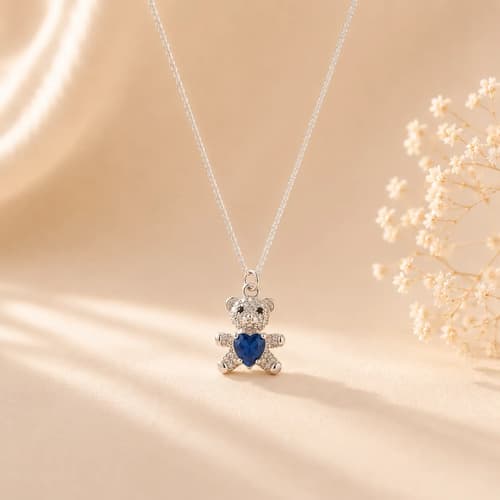 Collar Con Dije Osito Corazón Plata 925 Regalo Mamá Nena Azul