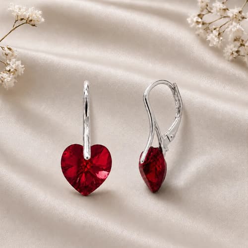 Aros Plata 925 Cristal Swarovski Corazón Mujer Con Brisura Rojo Siam