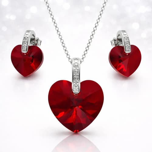 Collar Plata 925 Aros Y Dije Corazón Sw Regalo Mujer Rojo X 40 Cm