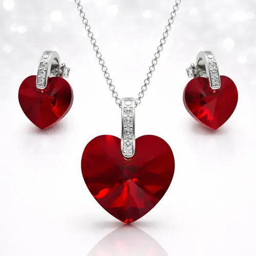 Cadena Plata 925 Con Dije Y Aros Cristal Swarovski Rojo X 45 Cm