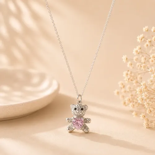 Collar Con Dije Osito Corazón Plata 925 Regalo Mamá Nena Rosa