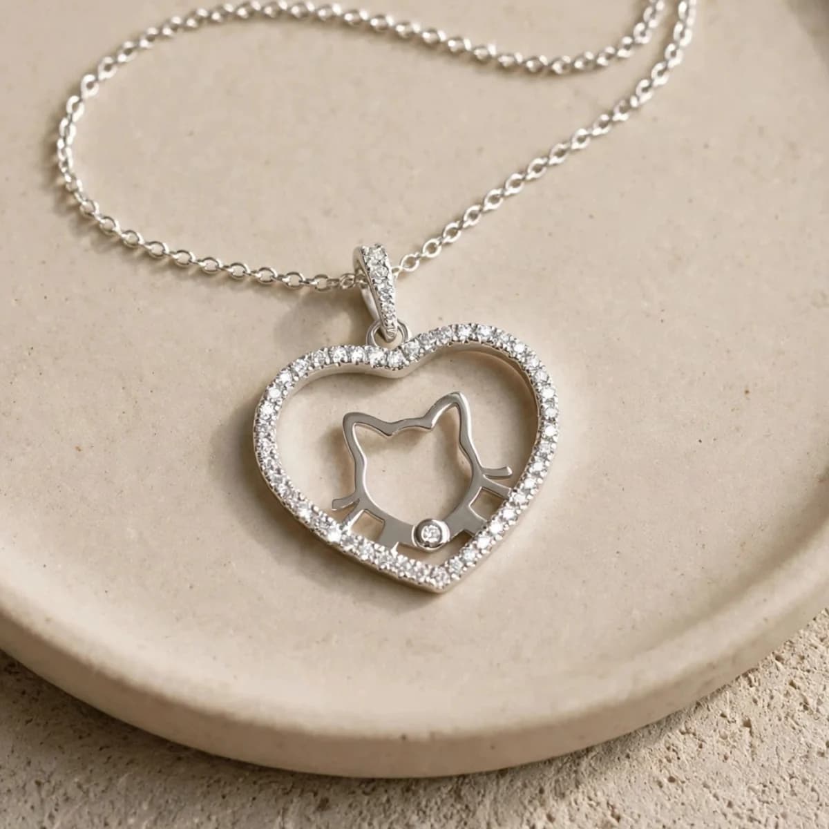 Collar de Plata 925 con Dije Corazón, Gatito y Circonias – Felina