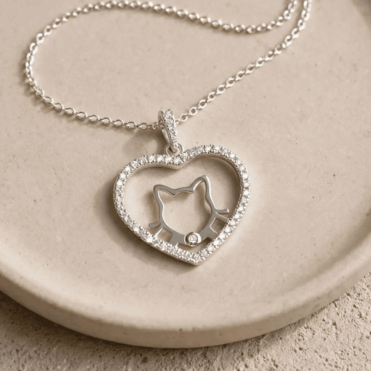 Collar de Plata 925 con Dije Corazón, Gatito y Circonias – Felina