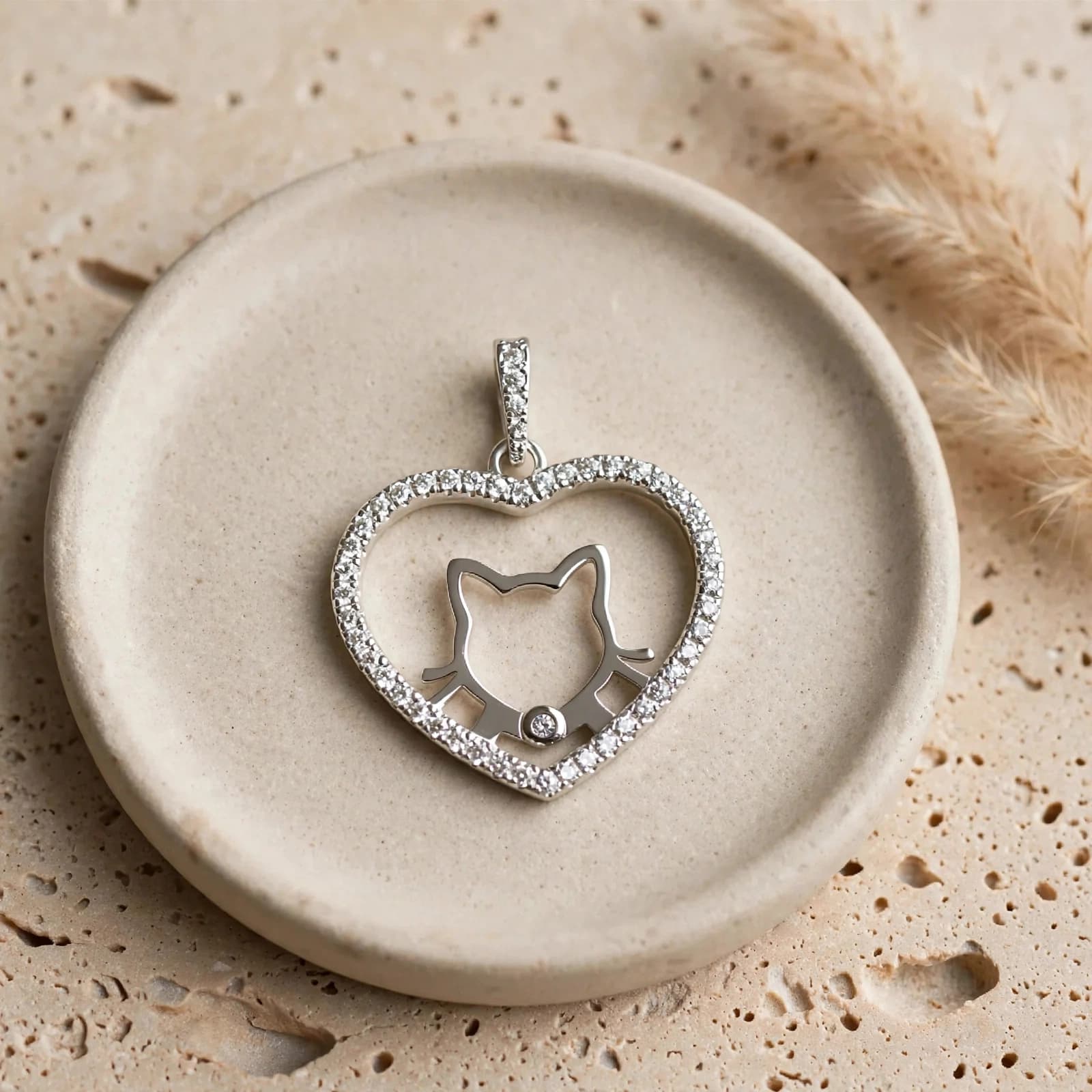 Collar de Plata 925 con Dije Corazón, Gatito y Circonias – Felina