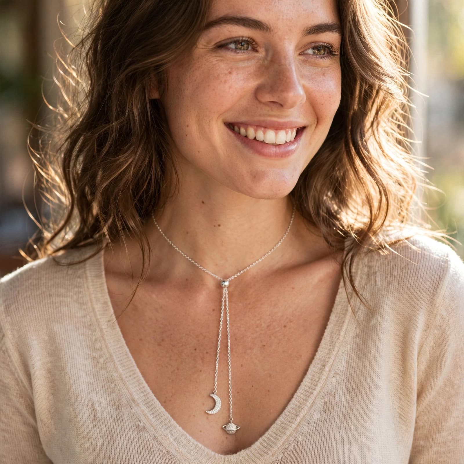 Collar Corbatero Ajustable de Plata 925 con Luna y Saturno – Cosmos
